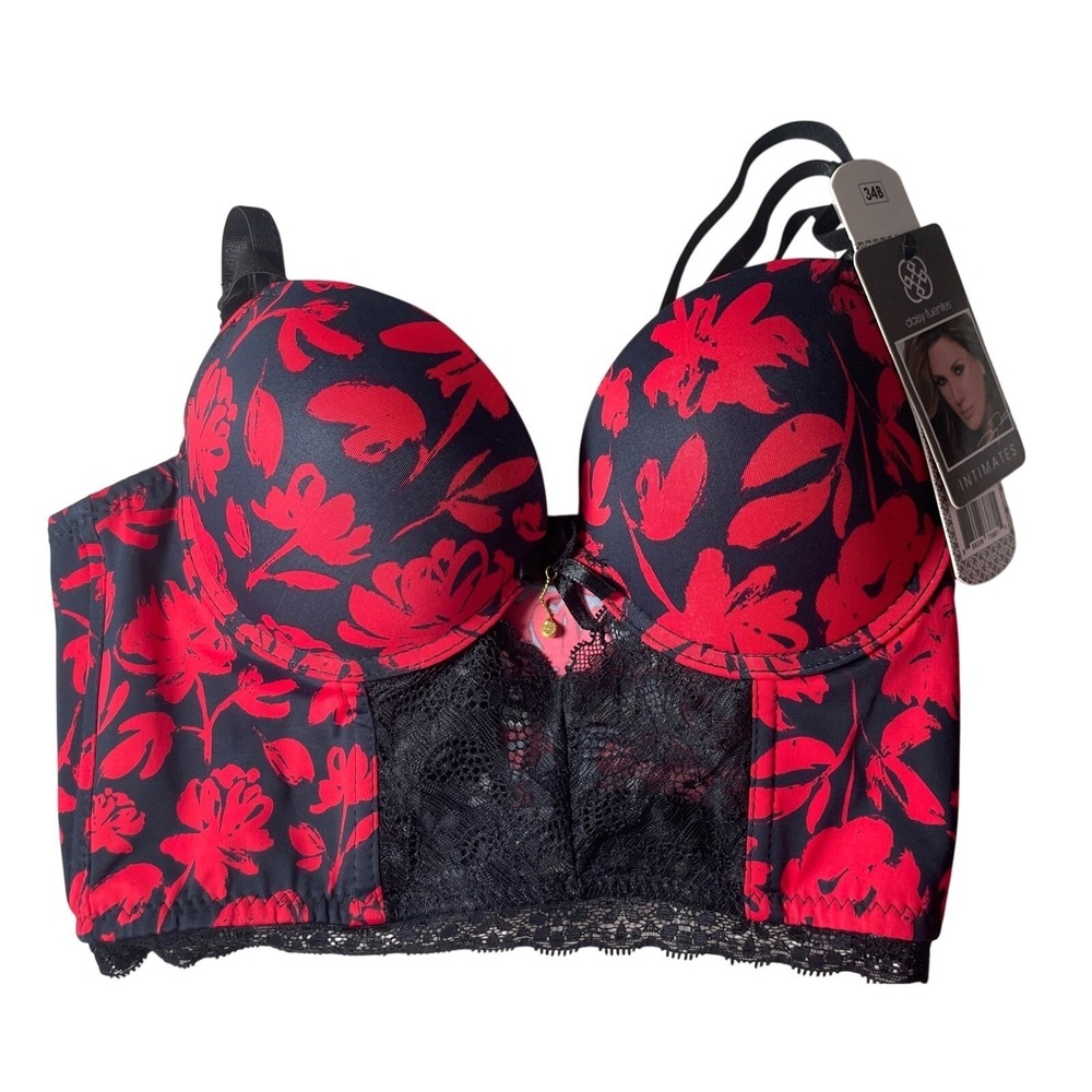 Daisy Fuentes Intimates Red Floral Longline Push Up Bra 34B Black Lace Trim NEW